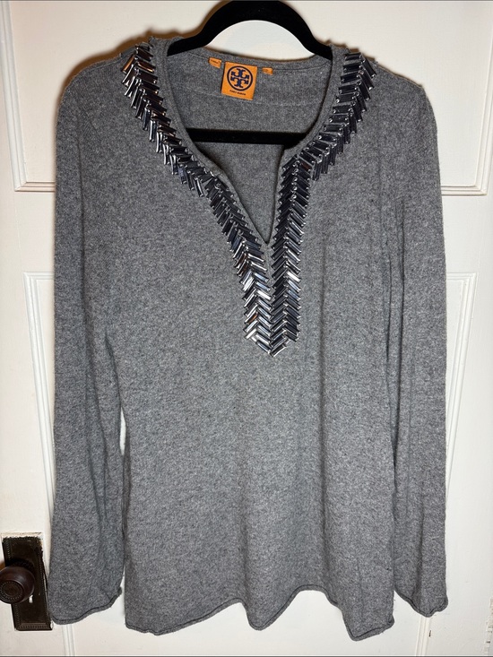 Tory Burch Tops - Tory Burch Gray V‑Neck Sweater with Silver Beaded Trim